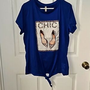 Emme Jordan Womens Plus Royal Blue Leopard Chic Shoes Tie Front Short Sleeve Top